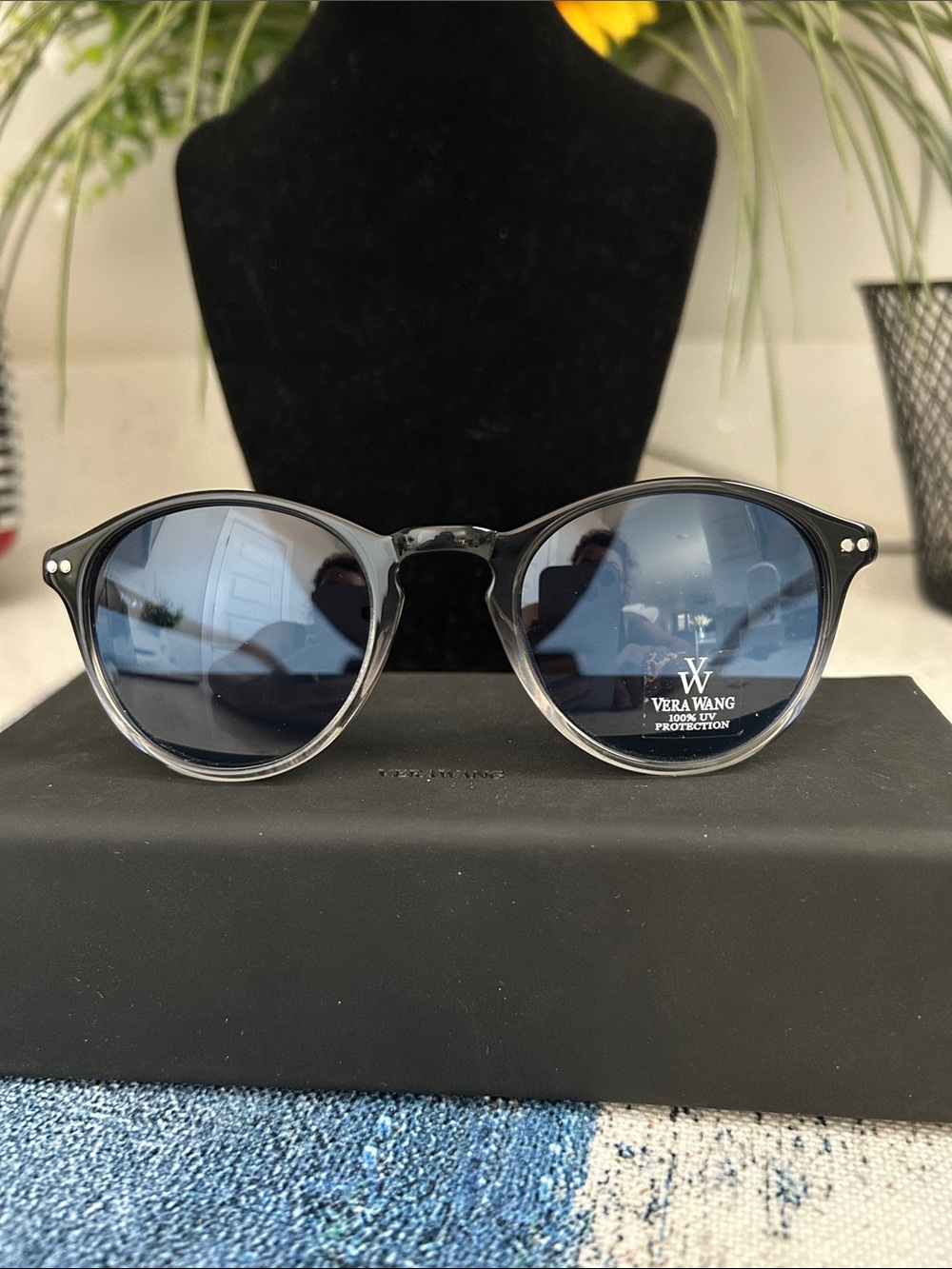 Vera Wang Black Frame Sunglasses with Blue-Tinted Lenses